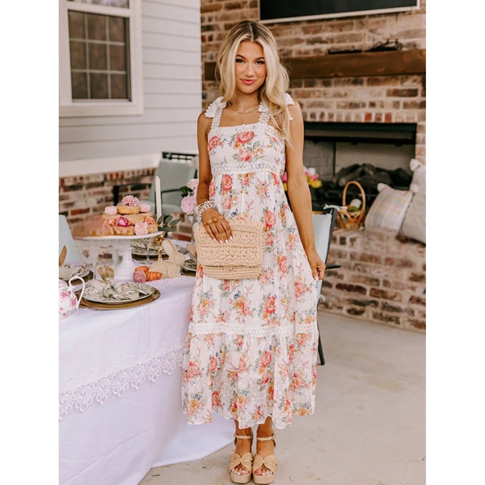 By the River Maxi Dress Womens M White Floral Lace Tie Strap Swiss Dot Bohemian